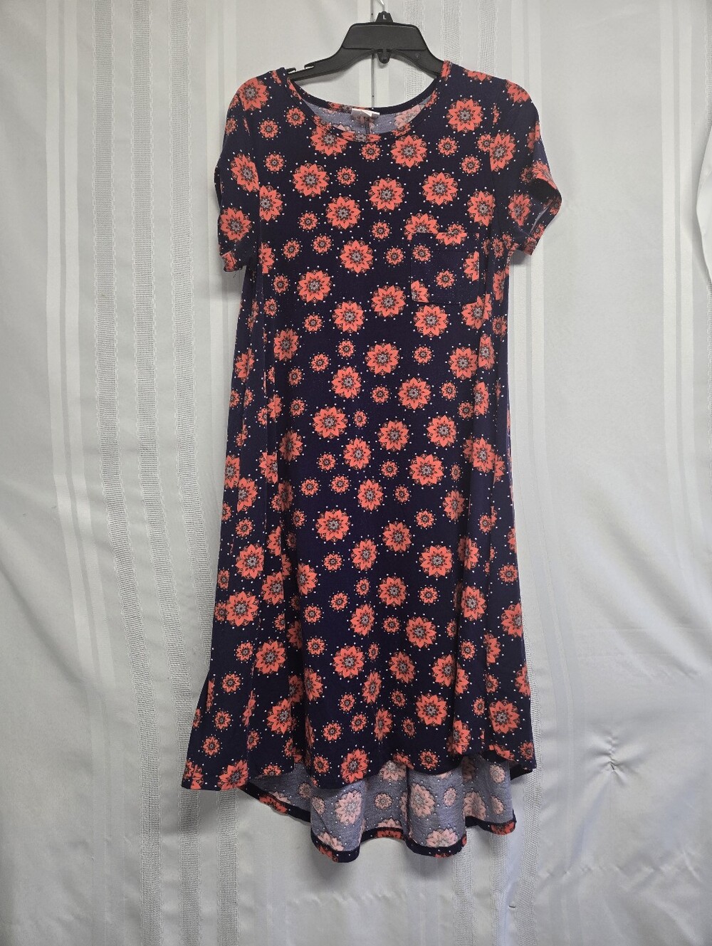 LULAROE CARLY HI/LOW DRESS INDIAN PURPLE ORANGE FLORAL BATIK STYLE SIZE MEDIUM